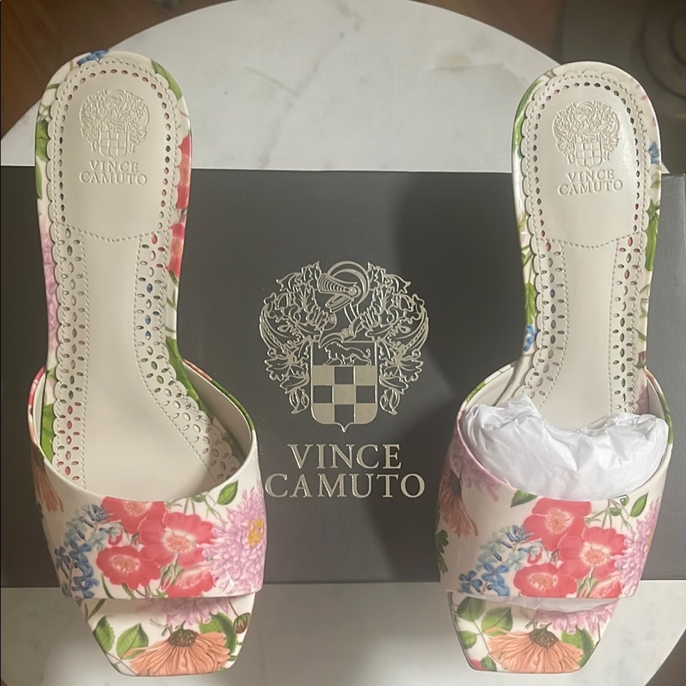 Vince Camuto Faiza Patent Leather Floral Kitten Heel Sandals